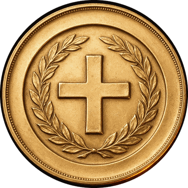 Medalha de Discípulo de Jesus: medalha de metal dourado com uma cruz em relevo cercada por uma coroa de louros.